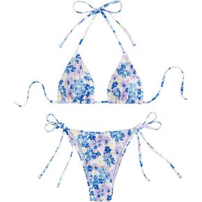 COZYEASE Women's 2 Piece Floral Bikini Sets Smocked Drawstring Side Triangle Halter Sexy Cute Swimsuits