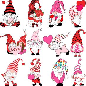 12 PCS Valentine's Day Gnome Cutouts Love Heart Gnome Cut-Outs with Glue Point Valentine's Day Theme Cutouts Couple Wedding Decoration Hearts Cutout Decor