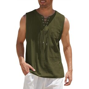 COOFANDY Men's Cotton Linen Tank Top Shirts Casual Sleeveless Lace Up Beach Hippie Tops Bohemian Renaissance Pirate Tunic in Kuwait