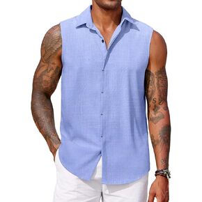 COOFANDY Mens Sleeveless Button Down Beach Shirts Casual Summer Tank Tops Collared Imitation Linen Tank Shirt