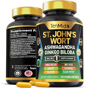 St.John's Wort Supplement - 8in1 Formula - Combine with Ashwagandha, Ginkgo Biloba, Shilajit, Valerian, Holy Basil, Chamomile, and Black Pepper - 120 Vegan Capsules for 4 Months Supply