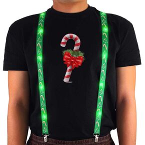 DRESBE Light Up Christmas Suspenders Green LED Xmas Suspender Candy Cane Christmas Tree Costume Accessories for Men