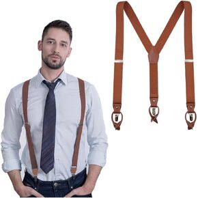 UPSONG Mens Suspenders，Brown Leather Button Tab and Clip Braces Heavy Duty Suspender Wedding Suspenders for Groom Groomsmen