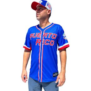 TAINOWEARS Puerto Rico Baseball Button Jersey Blue Serie del Caribe WBC Puerto Rico Jersey Short Sleeve, V Neck
