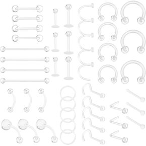 Lusofie 48Pcs Clear Nose Studs & Piercing Jewelry - Acrylic Retainers for Lip, Nipple, Tongue, Septum, Eyebrow, Belly, Tragus, Helix, and Cartilage in Kuwait