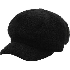 Women's Lamb Wool Newsboy Cap Casual Fleece Visor Cap Plush Fur Beret Hat Ladies Winter Warm Fluffy Painter Hat