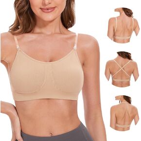 Stelle Women's Clear Strap Bra Nude Dance Bra Wireless Invisible Low Back Unpadded Bra with Convertible Straps