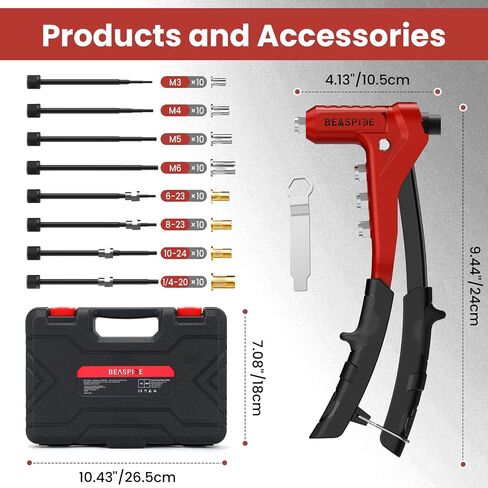 Beaspire Rivet Nut Tool Kit, 9.5" Rivnut Tool Kit with 8 Mandrels, Nutsert Tool Kit with 80 Pcs Rivet Nuts Assortment Kit and Rugged Carrying Case,M3,M4 M5,M6,6-32,8-32,10-24,1/4-20 in Kuwait
