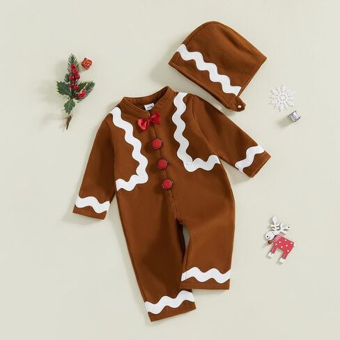 Ayalinggo Baby Gingerbread Man Costume Newborn Infant Christmas Outfit Toddler Kids Ginger Bread Outfit Romper Jumpsuit Hat in Saudi Arabia