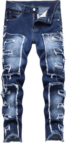 Boy's Stacked Jeans Skinny Fit Ripped Destroyed Distressed Fashion Comfy Denim Jeans Pants in Kuwait