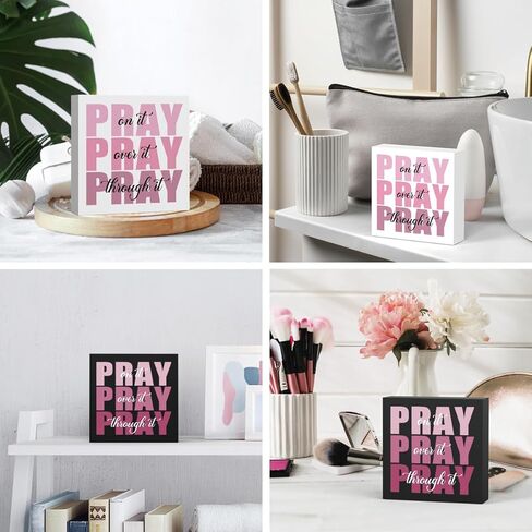 Pink Office Desk Accessories Decor Sign, Pink Dorm Room Decor for Women, Pink Bathroom Decor, Inspirational Christian Gifts for Women Boss, Pray on it Wooden Sign Bible Verse Wall Art Decor in Kuwait