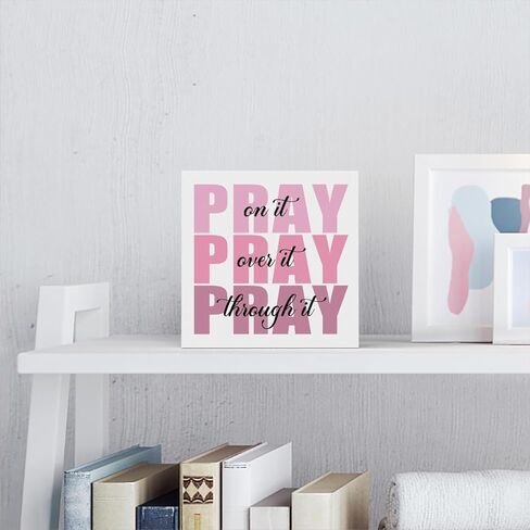 Pink Office Desk Accessories Decor Sign, Pink Dorm Room Decor for Women, Pink Bathroom Decor, Inspirational Christian Gifts for Women Boss, Pray on it Wooden Sign Bible Verse Wall Art Decor in Kuwait