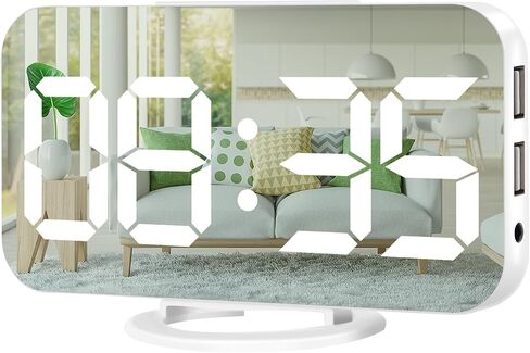 Digital Alarm Clock,Large Display LED And Mirror Desk Clock With Dual USB Charger Ports, 3 Levels Brightness,12/24H Alarm Clocks, Modern Electronic Clock for Bedroom Living Room Office - White in Saudi Arabia