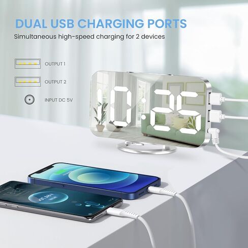 Digital Alarm Clock,Large Display LED And Mirror Desk Clock With Dual USB Charger Ports, 3 Levels Brightness,12/24H Alarm Clocks, Modern Electronic Clock for Bedroom Living Room Office - White in Saudi Arabia