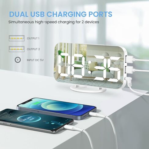 Digital Alarm Clock,Large Display LED And Mirror Desk Clock With Dual USB Charger Ports, 3 Levels Brightness,12/24H Alarm Clocks, Modern Electronic Clock for Bedroom Living Room Office - White in Saudi Arabia