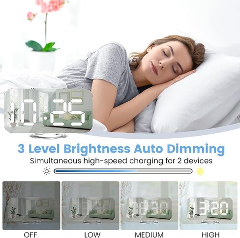 Digital Alarm Clock,Large Display LED And Mirror Desk Clock With Dual USB Charger Ports, 3 Levels Brightness,12/24H Alarm Clocks, Modern Electronic Clock for Bedroom Living Room Office - White in Saudi Arabia