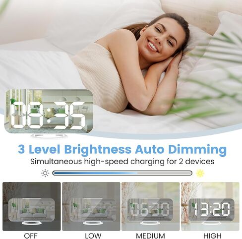 Digital Alarm Clock,Large Display LED And Mirror Desk Clock With Dual USB Charger Ports, 3 Levels Brightness,12/24H Alarm Clocks, Modern Electronic Clock for Bedroom Living Room Office - White in Saudi Arabia