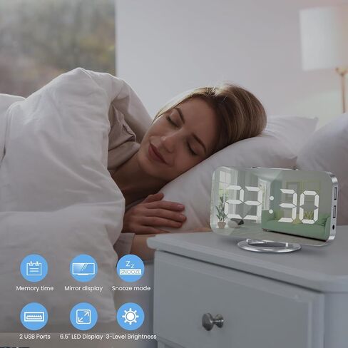 Digital Alarm Clock,Large Display LED And Mirror Desk Clock With Dual USB Charger Ports, 3 Levels Brightness,12/24H Alarm Clocks, Modern Electronic Clock for Bedroom Living Room Office - White in Saudi Arabia