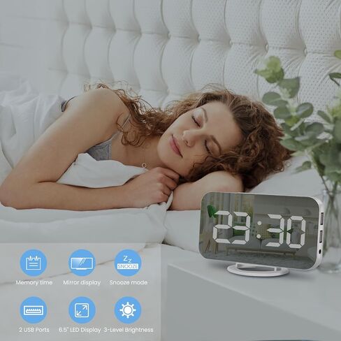 Digital Alarm Clock,Large Display LED And Mirror Desk Clock With Dual USB Charger Ports, 3 Levels Brightness,12/24H Alarm Clocks, Modern Electronic Clock for Bedroom Living Room Office - White in Saudi Arabia