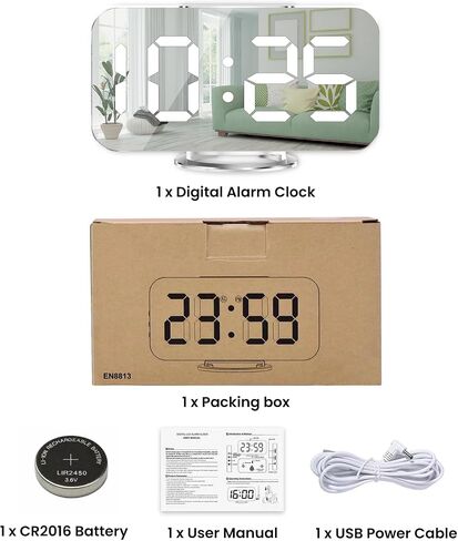Digital Alarm Clock,Large Display LED And Mirror Desk Clock With Dual USB Charger Ports, 3 Levels Brightness,12/24H Alarm Clocks, Modern Electronic Clock for Bedroom Living Room Office - White in Saudi Arabia