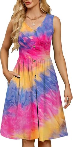 Sundresses for Women Summer V Neck Button Down Empire Waist Casual Sleeveless Swing Beach Mini Dress with Pockets in Saudi Arabia