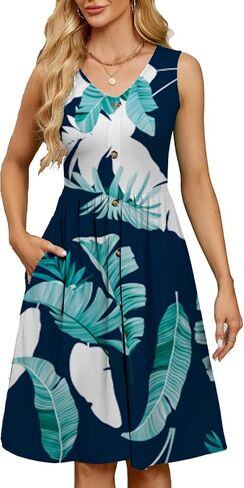 Sundresses for Women Summer V Neck Button Down Empire Waist Casual Sleeveless Swing Beach Mini Dress with Pockets in Saudi Arabia
