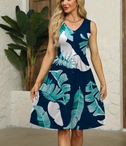 Sundresses for Women Summer V Neck Button Down Empire Waist Casual Sleeveless Swing Beach Mini Dress with Pockets in Saudi Arabia