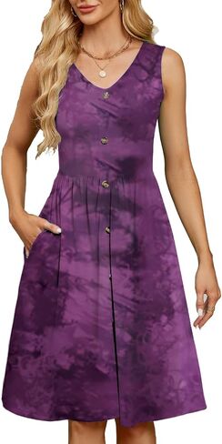 Sundresses for Women Summer V Neck Button Down Empire Waist Casual Sleeveless Swing Beach Mini Dress with Pockets in Saudi Arabia