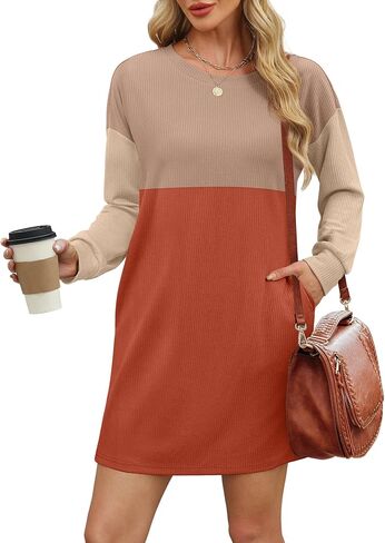 WIHOLL Womens Long Sleeve Dress Loose Fit Casual Crewneck Flowy Mini Dresses with Pockets Fall Fashion in Saudi Arabia