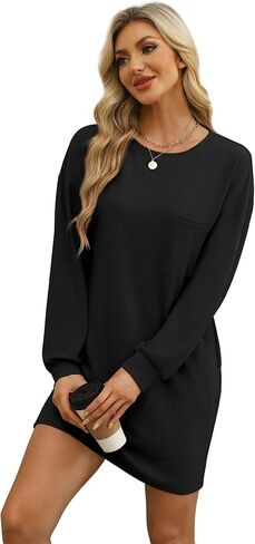 WIHOLL Womens Long Sleeve Dress Loose Fit Casual Crewneck Flowy Mini Dresses with Pockets Fall Fashion in Kuwait