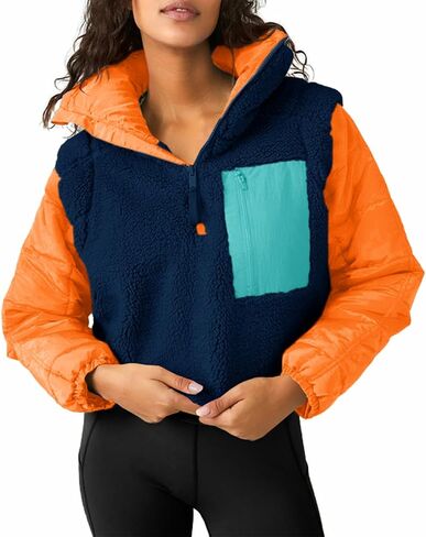 Tankaneo Womens Fleece Puffer Pullover Jacket Sherpa Fuzzy Coat Fall Winter Half Zip Color Block Sweatshirt in Saudi Arabia