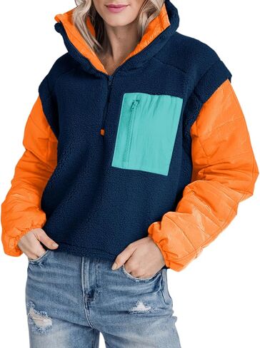 Tankaneo Womens Fleece Puffer Pullover Jacket Sherpa Fuzzy Coat Fall Winter Half Zip Color Block Sweatshirt in Saudi Arabia