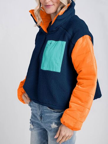Tankaneo Womens Fleece Puffer Pullover Jacket Sherpa Fuzzy Coat Fall Winter Half Zip Color Block Sweatshirt in Saudi Arabia