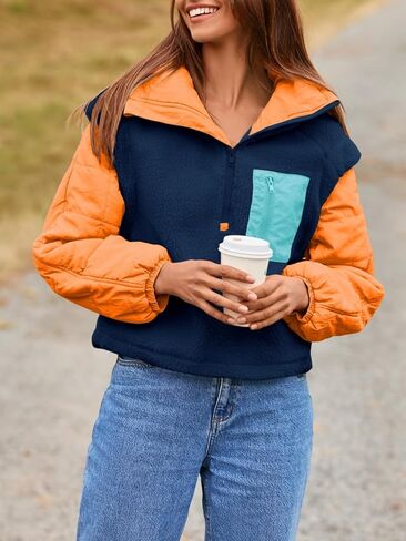Tankaneo Womens Fleece Puffer Pullover Jacket Sherpa Fuzzy Coat Fall Winter Half Zip Color Block Sweatshirt in Saudi Arabia