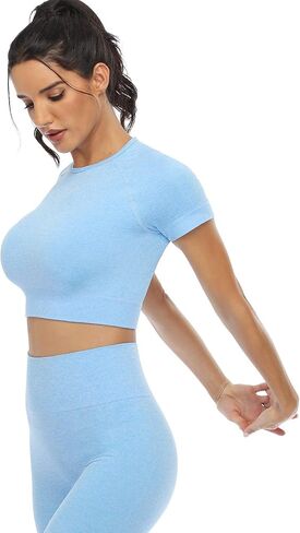 2 Piece Short Sleeve Outfits for Women Seamless Crop Tops Set for Women Workout Set in Saudi Arabia
