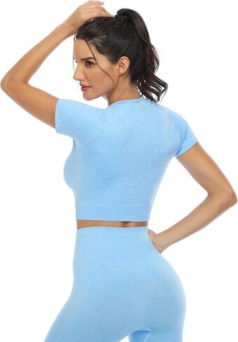 2 Piece Short Sleeve Outfits for Women Seamless Crop Tops Set for Women Workout Set in Saudi Arabia