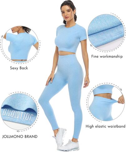 2 Piece Short Sleeve Outfits for Women Seamless Crop Tops Set for Women Workout Set in Saudi Arabia