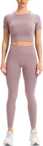 2 Piece Short Sleeve Outfits for Women Seamless Crop Tops Set for Women Workout Set in Saudi Arabia