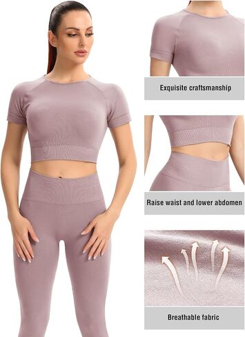 2 Piece Short Sleeve Outfits for Women Seamless Crop Tops Set for Women Workout Set in Saudi Arabia