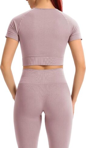 2 Piece Short Sleeve Outfits for Women Seamless Crop Tops Set for Women Workout Set in Saudi Arabia