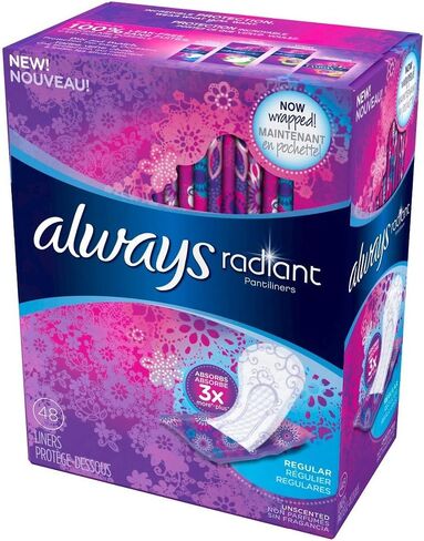 فوط صحية نسائية يومية من Always Radiant للنساء، امتصاص عادي، غير معطرة، 96 قطعة (عبوة من 1) in Kuwait