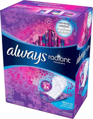 فوط صحية نسائية يومية من Always Radiant للنساء، امتصاص عادي، غير معطرة، 96 قطعة (عبوة من 1) in Kuwait