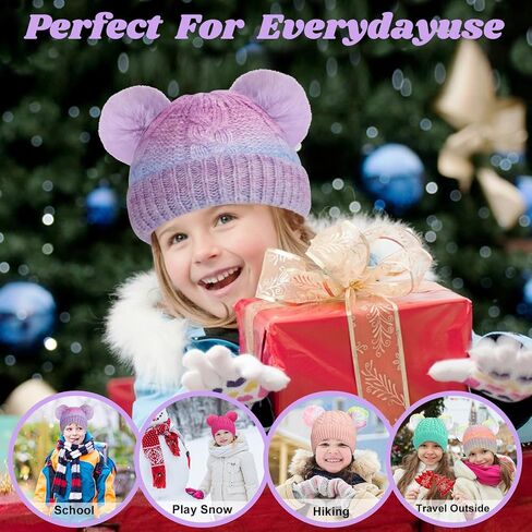 ZGDG Kids Winter Hat Toddler Knitted Beanie Cap Warm Fleece Lined Thick Ski Cap with Pom Pom for Girls 4-10Y in Kuwait