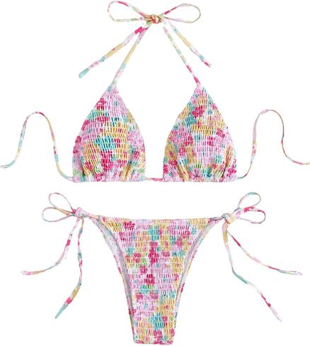 COZYEASE Women's 2 Piece Floral Bikini Sets Smocked Drawstring Side Triangle Halter Sexy Cute Swimsuits in Kuwait