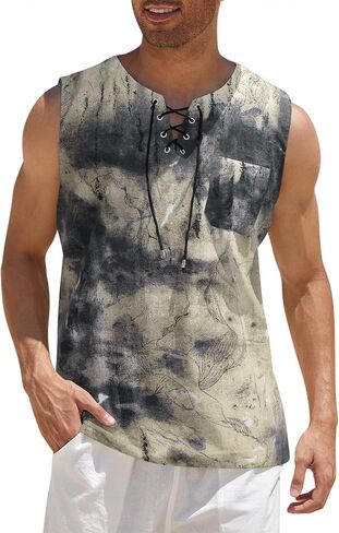 COOFANDY Men's Cotton Linen Tank Top Shirts Casual Sleeveless Lace Up Beach Hippie Tops Bohemian Renaissance Pirate Tunic in Saudi Arabia