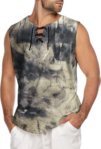 COOFANDY Men's Cotton Linen Tank Top Shirts Casual Sleeveless Lace Up Beach Hippie Tops Bohemian Renaissance Pirate Tunic in Saudi Arabia
