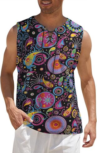 COOFANDY Men's Cotton Linen Tank Top Shirts Casual Sleeveless Lace Up Beach Hippie Tops Bohemian Renaissance Pirate Tunic in Saudi Arabia