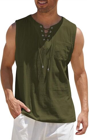 COOFANDY Men's Cotton Linen Tank Top Shirts Casual Sleeveless Lace Up Beach Hippie Tops Bohemian Renaissance Pirate Tunic in Kuwait