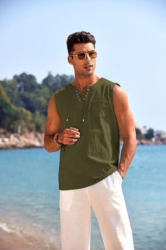 COOFANDY Men's Cotton Linen Tank Top Shirts Casual Sleeveless Lace Up Beach Hippie Tops Bohemian Renaissance Pirate Tunic in Kuwait