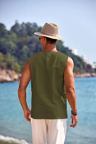 COOFANDY Men's Cotton Linen Tank Top Shirts Casual Sleeveless Lace Up Beach Hippie Tops Bohemian Renaissance Pirate Tunic in Kuwait